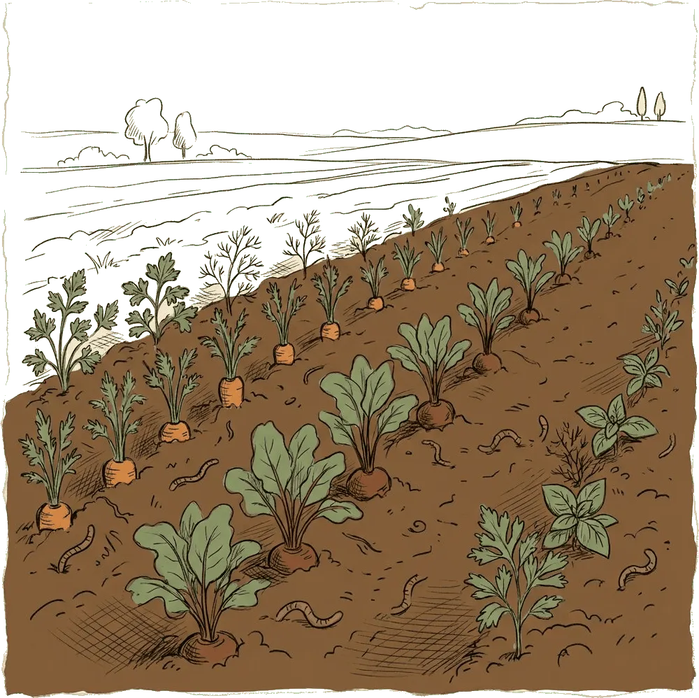 Feldarbeit am Hof – Illustration