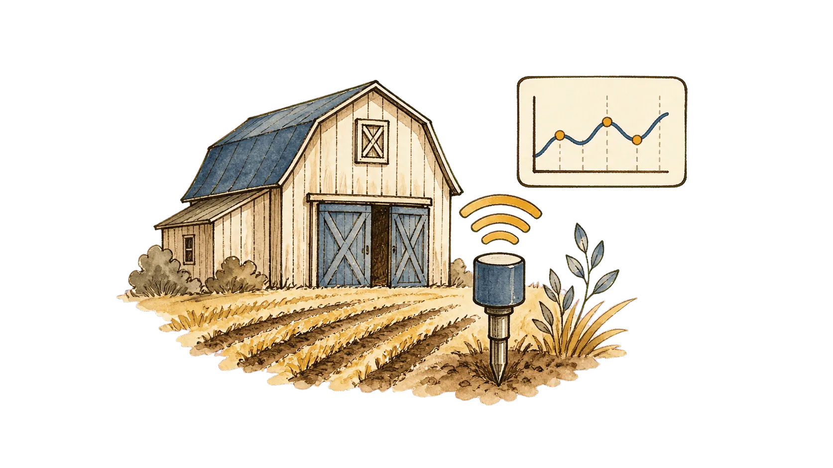 Hof mit Funksensor, Signalbögen und Messwert-Karte – Illustration