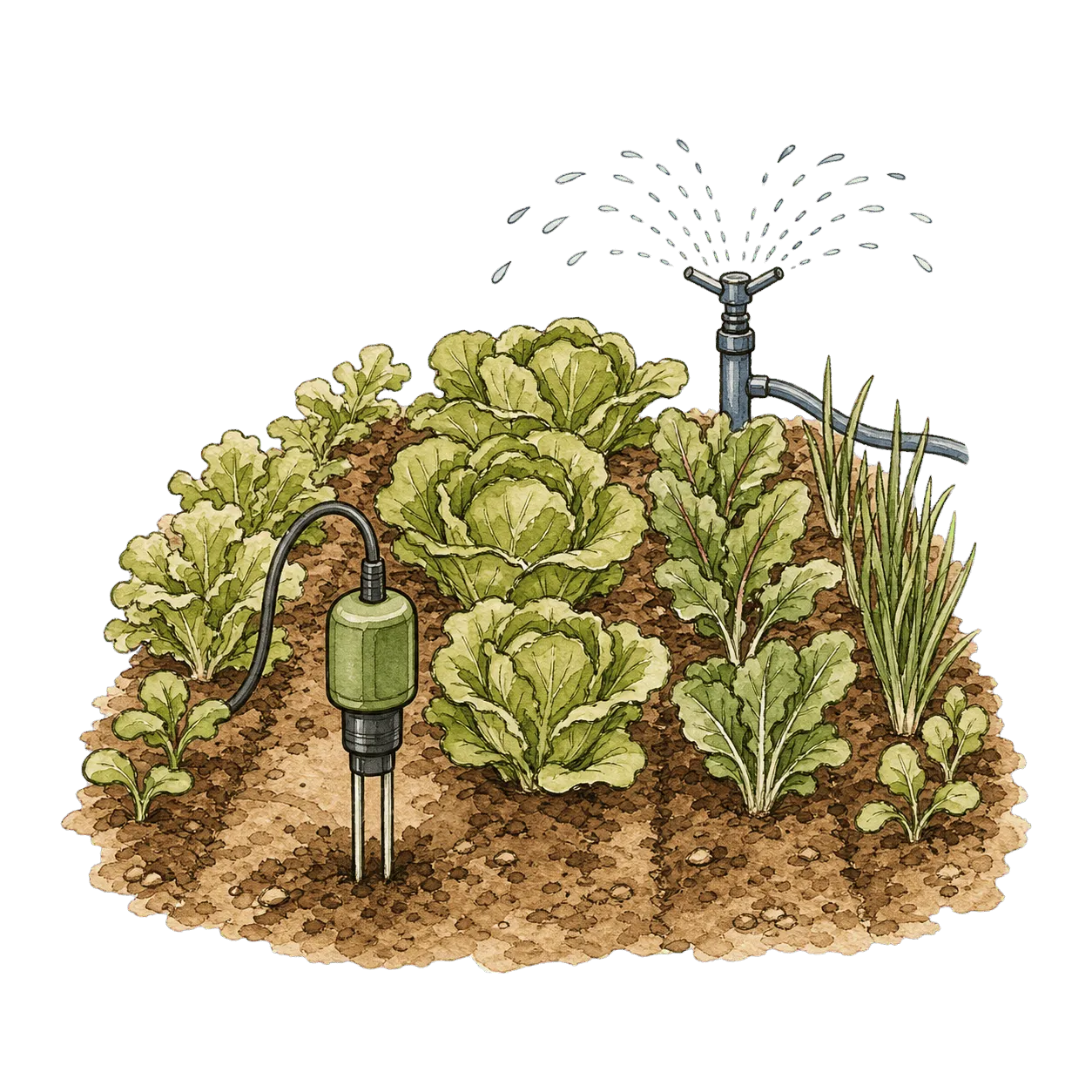 Gemüsefeld mit Bodenfeuchte-Sonde und Bewässerung – Illustration