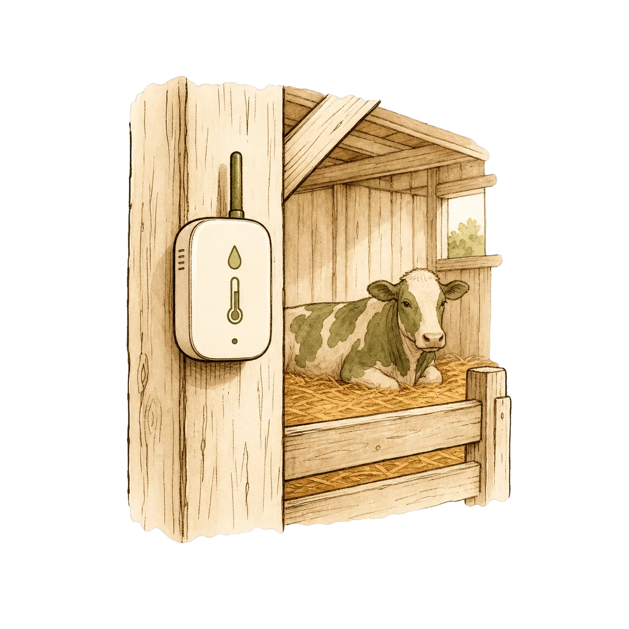 Stallinneres mit Klimasensor an der Wand und Kuh – Illustration