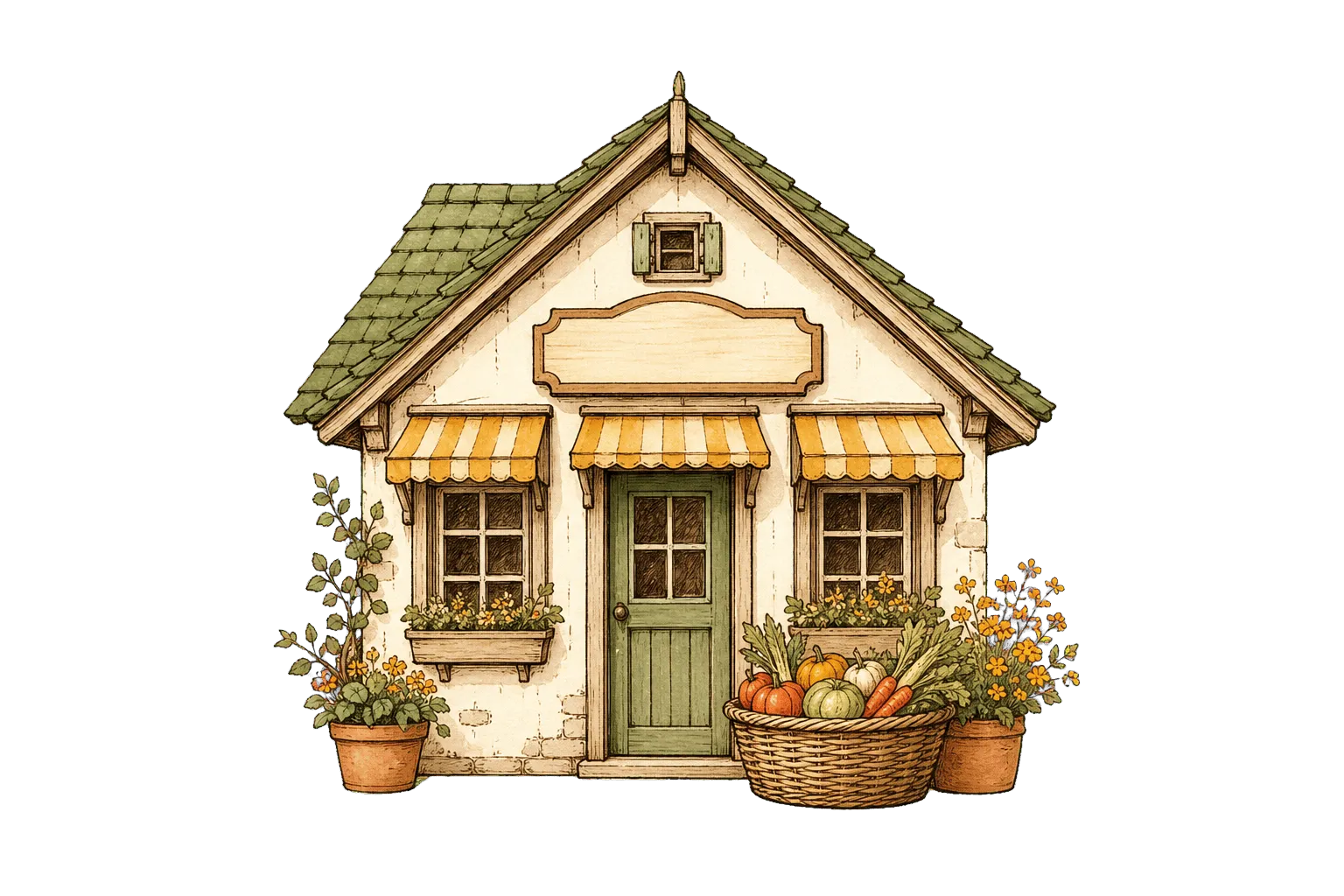 Hofladen mit Giebeldach und Selbstbedienung – Illustration